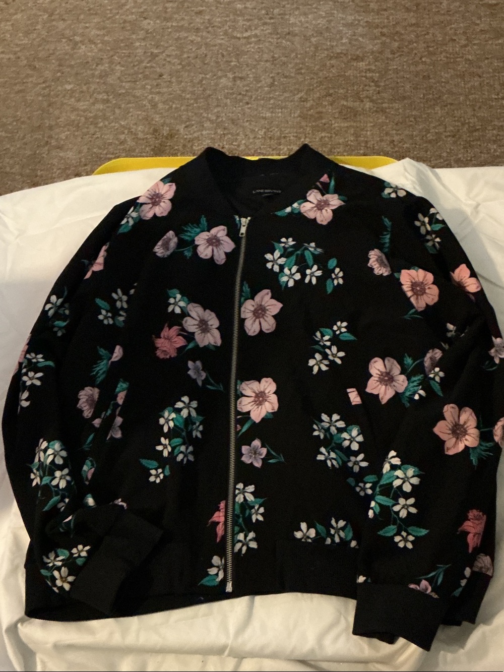 Lane Bryant Black Floral Zip-Up Bomber Jacket with Pink & Teal Flowers